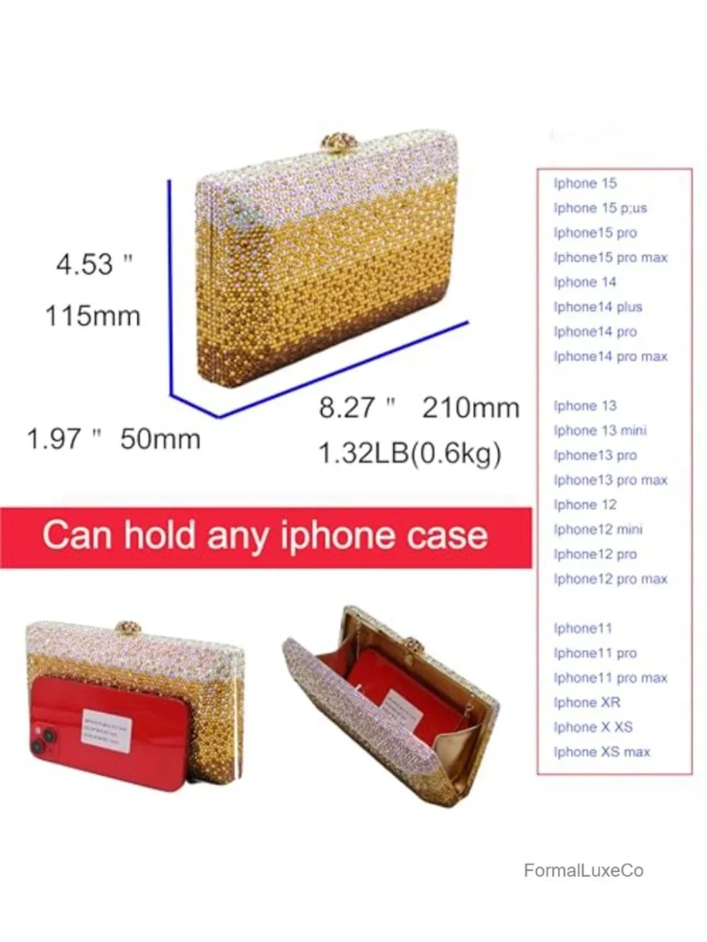 Crystal Rhinestone Evening Clutch Purse with Chain Strap